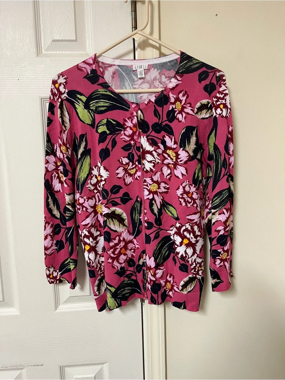 Spense XL Pink Floral Button Front Cardigan Sweater 3/4 Sleeve Lightweight Knit